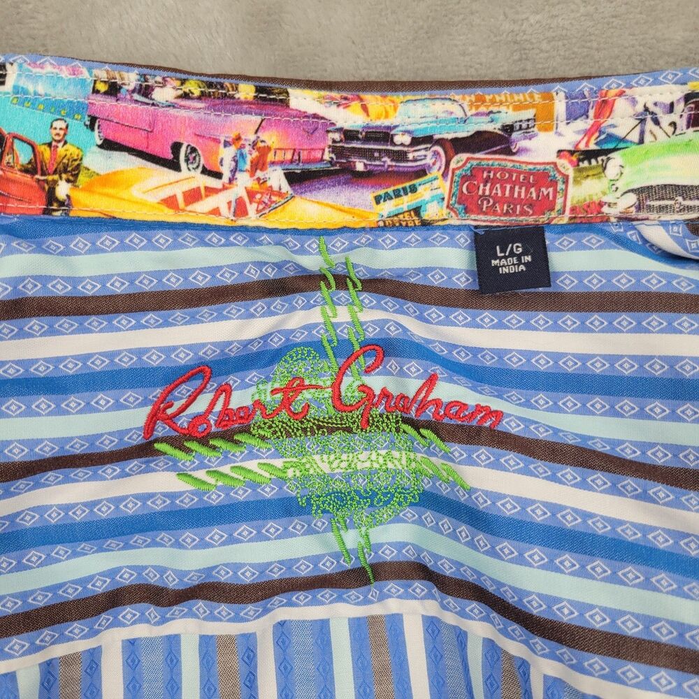 Robert Graham Men's Dress Shirt Size Large Blue Stripes Paris Hotel Flip Cuff - Picture 4 of 13